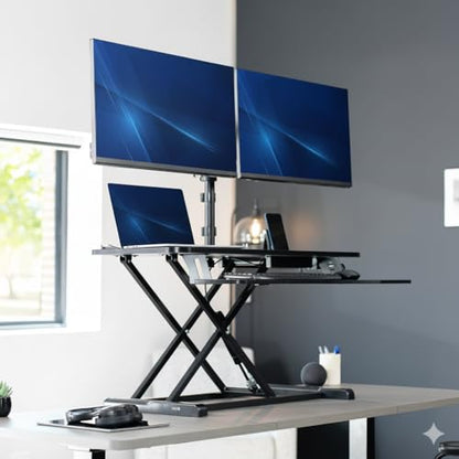 VIVO Black 42 inch Desk Riser with Monitor Mount, DESK-KIT-042K2K | Standing Desk Converter with Dual Monitor Mount for up to 32 inch Screens, Height Adjustable Riser, Mechanical Spring Arms - size: 42"