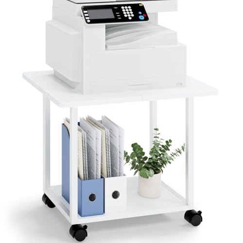 MARTY 22"x15.75" Large Under Desk Printer Stand with Storage Shelf 2-Tier Rolling Printer Cart with Wheels Printer Table for Home Office Heavy Duty Storage Rack for Scanner Fax Machine, White - color: White