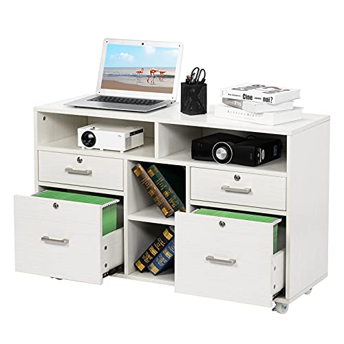 VINGLI Wood Mobile File Cabinet with 4 Drawers and Shelves, Printer Stand with Open Storage, Lockable Lateral Filing Cabinet for Home Office, Assembly Required, Light Beige Close to White - color: White