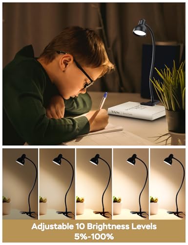 LiFMIRA Clip-on Reading Light - 3 Color Modes, 10 Dimmable Brightness,Black | Eye Care Clamp Desk Lamp with Flexible Gooseneck for Reading in Bed, Desk, Headboard, Computer - color: Black