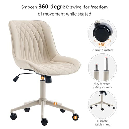 YOUNIKE Faux Leather Office Desk Chair Comfy Vanity Chair Armless Cream | Ergonomic Upholstered Rocking Back, Swivel with Wheels, Height Adjustable, Modern Task Chair For Computer Sewing Drafting - color: Cream