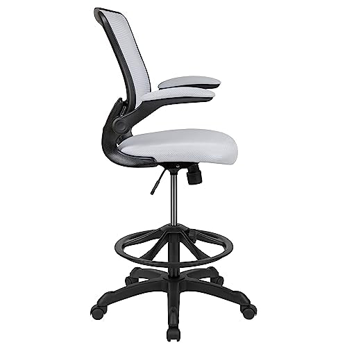 EMMA + OLIVER Mid-Back White Mesh Drafting Chair - color: White