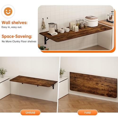 IAE Wall Mount Folding Desk,Floating Computer Desk for Small Spaces,Rustic | 55x22in engineered wood desktop with metal brackets, folds flat to save space in home office, apartment and laundry room - color: Rustic, size: 55"*22"