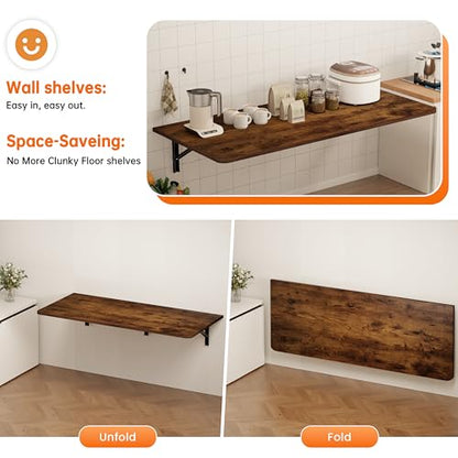 IAE Wall Mount Folding Desk,Floating Computer Desk for Small Spaces,Rustic | 55x22in engineered wood desktop with metal brackets, folds flat to save space in home office, apartment and laundry room - color: Rustic, size: 55"*22"