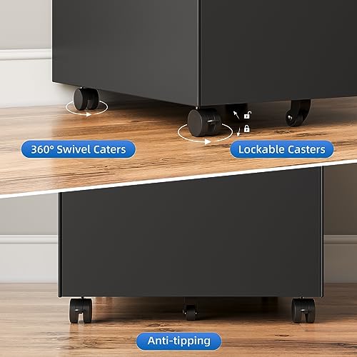 Dripex 3 Drawer Metal Rolling File Cabinet Under Desk Filing Cabinet Black | 15"W x 18"D x 24"H, Lockable, 5 Wheels, Fully Assembled, Letter/Legal Size, Suitable for Home Office - color: Black