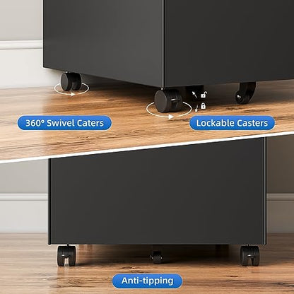 Dripex 3 Drawer Metal Rolling File Cabinet Under Desk Filing Cabinet Black | 15"W x 18"D x 24"H, Lockable, 5 Wheels, Fully Assembled, Letter/Legal Size, Suitable for Home Office - color: Black