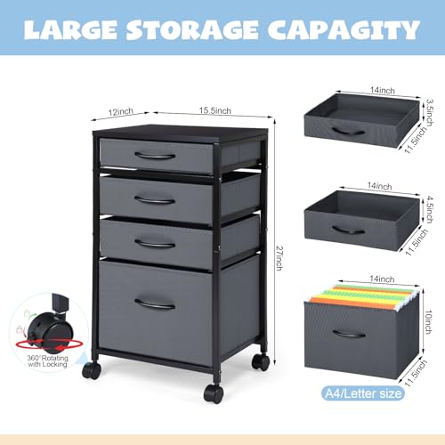 Chunful 4 Drawer Rolling File Cabinet Mobile Printer Stand Metal Cart with Fabric Vertical Filing Chest Wheels A4 Letter Size Under Desk Utility Craft Storage Organizer for Home Office School(Grey) - color: Grey