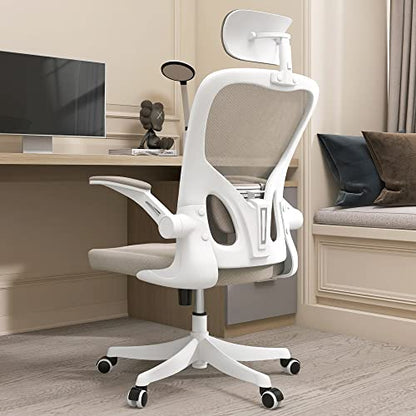 Monhey Office Chair Ergonomic Desk Chair with Lumbar Support&Headrest&Flip-up Arms Height Adjustable Rocking Swivel Computer Chair Multi-Angle from 90° to 125° with 350LBS Capacity (02White+Khaki) - color: 02white+khaki
