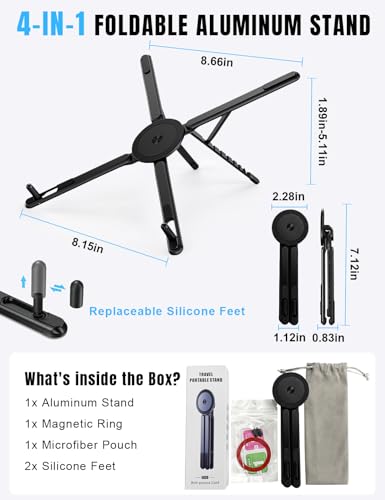 Magnetic Phone Stand & Foldable Laptop Riser, Matte Black Multi-Device Aluminum Desk Mount, N52 MagSafe Tripod Grip for Travel Office, Ergonomic Elevator for MacBook, iPad & iPhone - color: Black