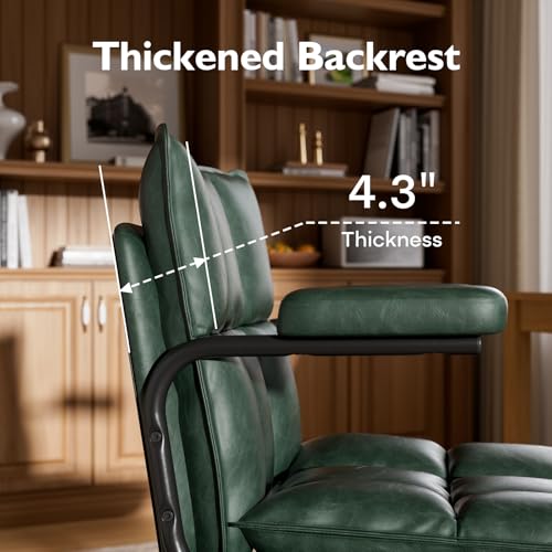 Ollega Green Petite Office Chair for Women Small to Medium Frame, Mid Century Modern Desk Chair with Arms, Soft Back&Seat, Adjustable Height, Wheels, Vintage Leather Computer Chair for Small Space