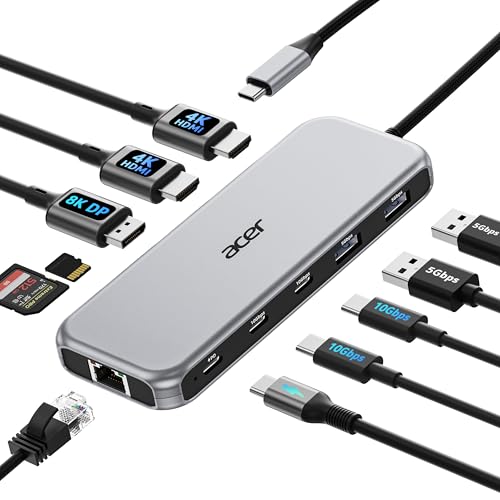 Acer Laptop Docking Station 3 Monitors, 11-in-1 USB C Docking Station | 8K DP, 4K@60Hz HDMI, 10Gbps Data, 1 Gbps Ethernet Hub, 100W Power Delivery, SD/TF, USB C Hub Multiport Adapter for Laptop