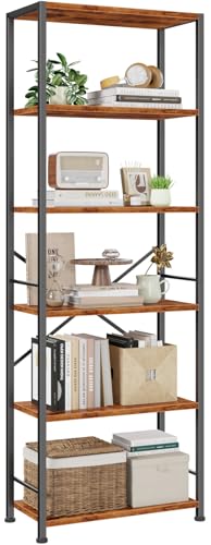 Furologee 6 Tier Book Shelf, Tall Wide Bookshelf, Industrial Open Bookcase, Display Shelves Storage Organizer, Shelving Unit for Living Room, Home Office, Bedroom, Rustic Brown | 20'' Wide Industrial Storage Shelves with X Crossbar, Shelving Units for Bed