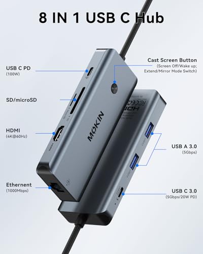 MOKiN USB C Hub for MacBook Pro/Air, Mac Dongle with USB C HDMI Adapter | 8 in 1 Macbook Adapter with 3 USB Port,USB C to HDMI, USB C to RJ45 Ethernet, 100W PD Charging, SD/microSD, Hub for MacBook