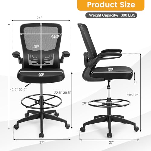 COSTWAY Drafting Chair with Flip-up Armrests & Adjustable Foot Ring, 1 Pack - color: Black