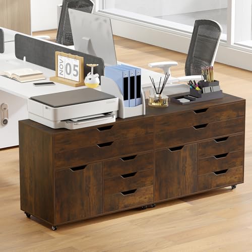 MAT EXPERT 5-Drawer Mobile File Cabinet w/Door, Lateral Filing Cabinet w/5 Universal Wheels, Rolling File Cabinets with Storage, Modern Wood Printer Stand for Home Office, Living Room (Rustic Brown) - color: Rustic Brown
