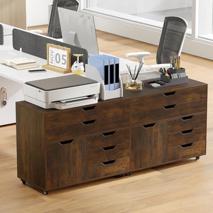 MAT EXPERT 5-Drawer Mobile File Cabinet w/Door, Lateral Filing Cabinet w/5 Universal Wheels, Rolling File Cabinets with Storage, Modern Wood Printer Stand for Home Office, Living Room (Rustic Brown) - color: Rustic Brown