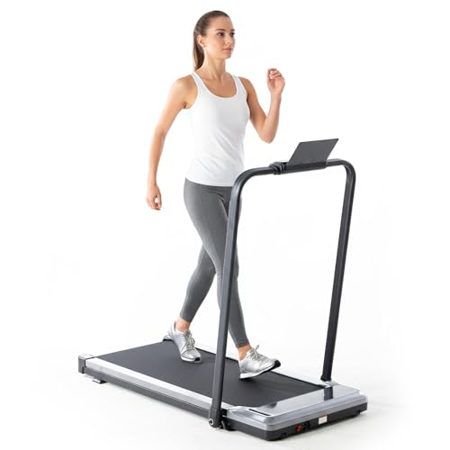 Sweetcrispy Walking Pad Treadmill for Home Office, Compact Quite Under-Desk Treadmills with Adjustable Speed and Remote Control, Portable & Slim Design for Workouts Fitness - color: Metallic Silver, size: With Handrails