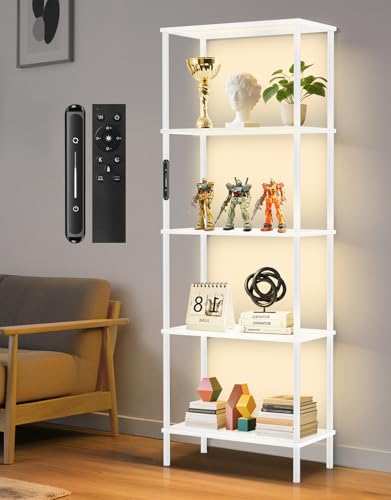 5 Tier Bookshelf with LED Light, Dimmable Bookcase with Touch & Remote Control, 3 Color Temperatures, Tall Modern Display Standing Shelf for Living Room, Bedroom, Home Office(White) - color: White, size: 5 Tier(Wide)