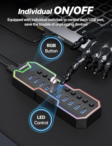ZIUMIER Powered USB Hub, 10 Ports USB 3.0 Hub with RGB LED Strip