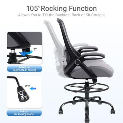HYLONE 400lbs Heavy Duty Drafting Chair 5" Thickened Seat Office Chair with Flip-Up Armrests Tall Ergonomic Computer Chair with Lumbar Support and Adjustable Footrest Ring Standing Desk Chair(Grey) - color: Dark Drey