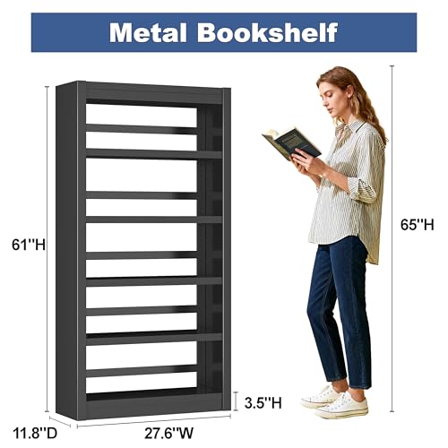 61" 5-Tier Metal Bookshelf,4 Adjustable Shelves,Large Capacity(Black) - color: Black, size: 61"H*27.5"W*11.8"D