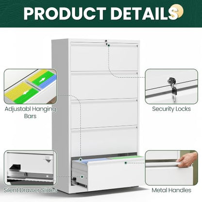 5 Drawer Lateral File Cabinet, Metal Filing Cabinet for Home Office, White | Heavy-Duty Steel Locking Large File Cabinet, Hanging Letter/Legal/A4 Size, Full-Extension Silent Drawer, Un-Assembly - color: White, size: 5 Drawers (35.43 in Width)