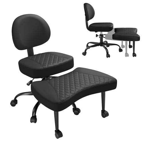 GUNJI Ergonomic Criss Cross Legged Office Chair, 360° Swivel Meditation Kneeling Chair with Wheels, ADHD Chair with Footrest, Lumbar Support, Wider Height Adjustable Seat (Black, Faux Leather) - color: Black