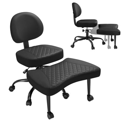 GUNJI Ergonomic Criss Cross Legged Office Chair, 360° Swivel Meditation Kneeling Chair with Wheels, ADHD Chair with Footrest, Lumbar Support, Wider Height Adjustable Seat (Black, Faux Leather) - color: Black