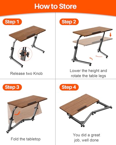 Adjustable Folding TV Tray Table, Mobile TV Dinner Tray for Eating on Couch - color: Brown