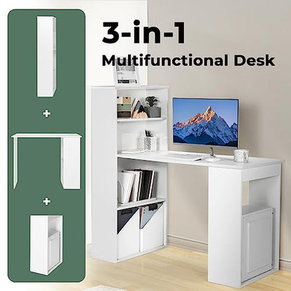 GIANTEX 48 Inch Computer Desk with Bookshelf, 3-in-1 Home Office Desk with 4-Tier Bookcase & CPU Stand, Space-Saving Reversible Writing Desk Work Table for Bedroom, Study Room, Office (White) - color: White
