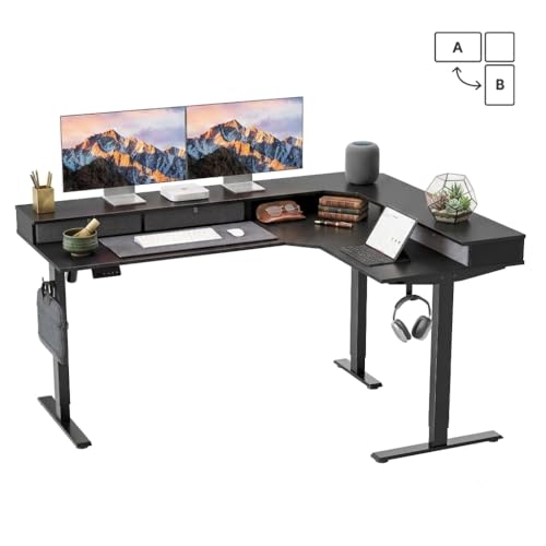 CubiCubi 63x48 Inches L Shaped Standing Desk with 3 Drawers and Monitor Shelf, Height Adjustable Corner Computer Desk with Hooks, Sit Stand Up Ergonomic Home Office Workstation Table, Modern Black - color: Modern Black, size: 63"x48"