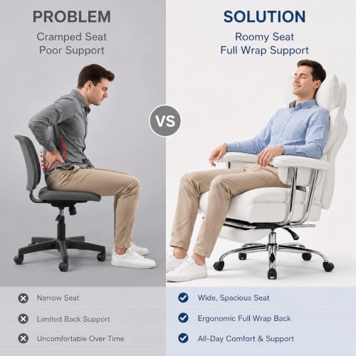 Big and Tall Office Chair, Ergonomic Executive Desk Chair with Footrest and Lumbar Support, Heavy Duty PU Leather Reclining Computer Chair with Extra Wide Seat for Home Office, Beige - color: Beige