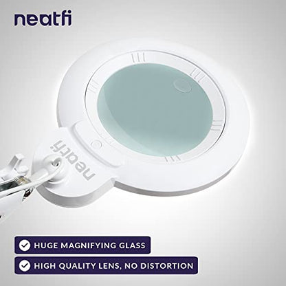 Neatfi XL Bifocal LED Magnifying Lamp, 7" Acrylic Lens, 2.25X/6X, 1,600 Lumens Dimmable | 3 Light Modes, Adjustable Arm & Clamp | Reading, Crafting & Jewelry (White, 7-inch Lens, CCT with Clamp) - color: White