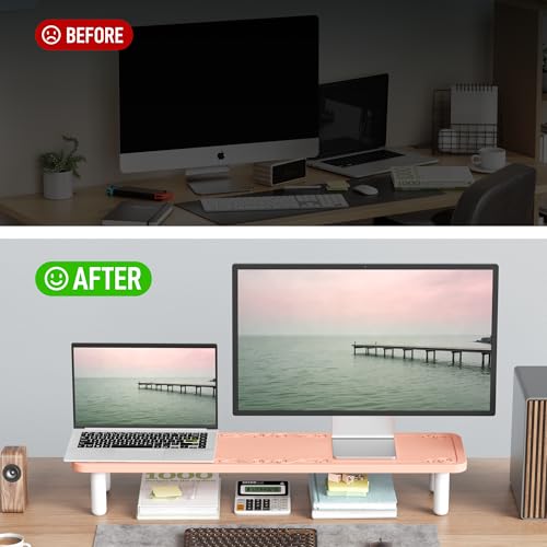 AFOOYO 31.5 Inch Adjustable Monitor Stand Riser, Dual Monitor Stand for Desk, 3 Height Adjustable Computer Stand with Storage, Sturdy Laptop Riser for PC, Laptop, Printer, TV, Pink