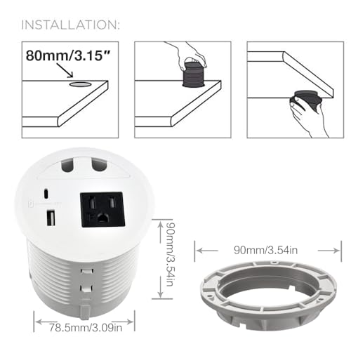 Desktop Power Grommet with 33W Fast Charging USB-A+C, with 1 AC Power Outlet and 4.5FT Extension Cord Recessed Power Outlet for Conference Rooms, Office Tables, Furniture (White) - color: white