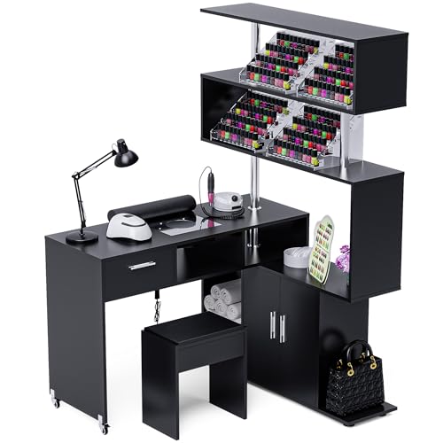 Kikihouse Manicure Table Nail Desk with Stool, Rotating L-Shaped Nail Tech Desk with Dust Collector, Two-Way Drawer, Cabinet & Storage Shelves, Reversible Manicure Workstation on Wheels (Black) - color: Black