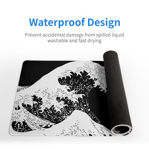 Japanese Sea Wave Large Mouse Pad, Abstract Black Gaming Mousepad, Extended Kanagawa Mat Desk Pad, 3mm Thick Long Non-Slip Rubber Base Mice Pad for Office and Home, 31.5x11.8 Inch - color: Sea Wave 2