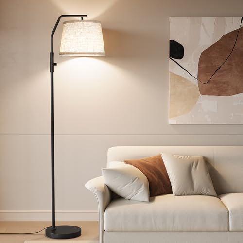 SUNMORY Floor Lamps for Living Room, 0-100% Dimmable Standing Lamp | 9W Bulb Included, 270°/90° Adjustable Rotating Lamp Head, Light-Diffusing Linen Shade, Modern Style for Bedroom, Office - color: Black
