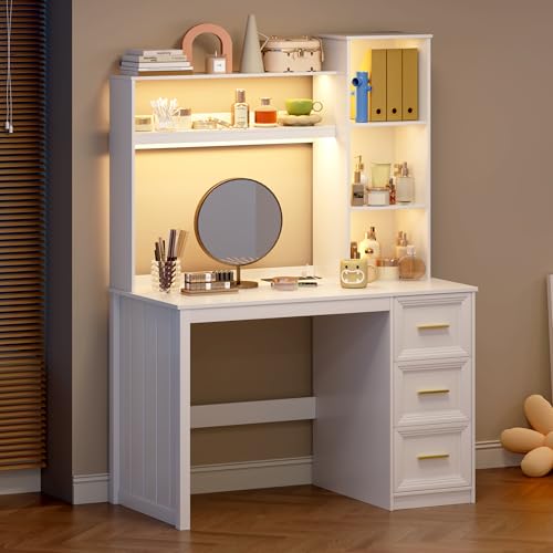 40” Home Office Desk with Hutch and Drawers, White | Modern Computer Desk with Adjustable LED Light and Charging Station, Storage Shelves, Writing Table for Bedroom Study Room - color: White-1