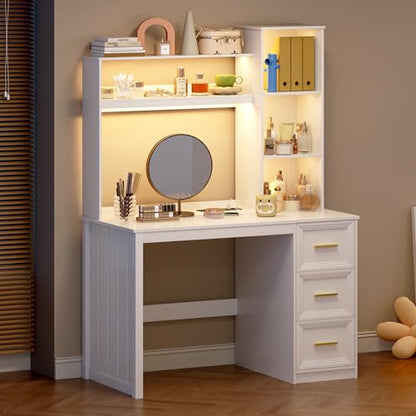 40” Home Office Desk with Hutch and Drawers, White | Modern Computer Desk with Adjustable LED Light and Charging Station, Storage Shelves, Writing Table for Bedroom Study Room - color: White-1