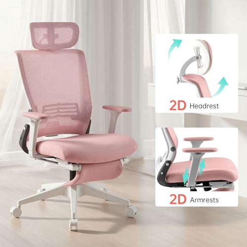 Ergonomic Foldable Office Chair with Footrest and Lumbar Support, Pink | Compact desk chair with space-saving folding design, 2D headrest, 2D armrests, computer cahirs for home office - color: Pink
