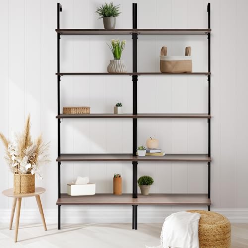 happimess Madera 5-Shelf Wall Mounted Bookcase 72.05", Brown/Black - color: Brown, size: 5-Tier 72.05"