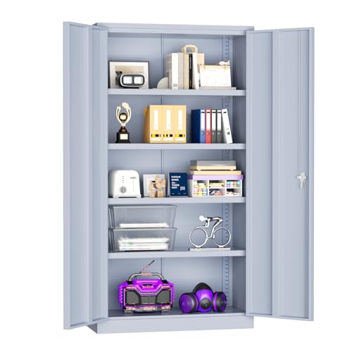 Superday Metal Storage Cabinets, 72" Storage Cabinet with Locking Door, Tall Garage Cabinet with 2 Doors and 4 Adjustable Shelves for Home Office, Classroom, Easy Assemble(Grey) - color: Grey, size: 72" Storage Cabinet