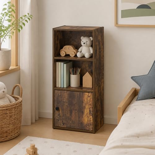 3-Tier Bookcase with Closed Storage, Cube Bookshelf, Book Shelf, 9.3 x 12 x 31.5, for Living Room, Home Office, Bedroom, Amber Pine - color: Amber Pine, size: 3 Tier