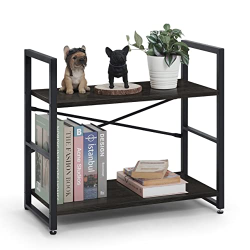 CAPHAUS 2 Tier Small Bookshelf, 24 Inch Width Free Standing Shelf, Bookcase Shelf Storage Organizer, Industrial Book Shelves for Home Office, Living Room, Black Shelves & Metal Frame - color: Black, size: 2-Tier
