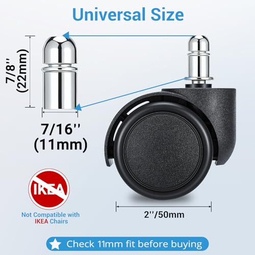 2" Office Chair Casters Wheels Heavy Duty, 5 pcs Chair Wheel Replacement | 11mm Stem Only, Won’t Work with 10mm Stems or IKEA Chairs, Silent Rubber Casters Safe for Hard Floors, Supports Up to 300 lbs
