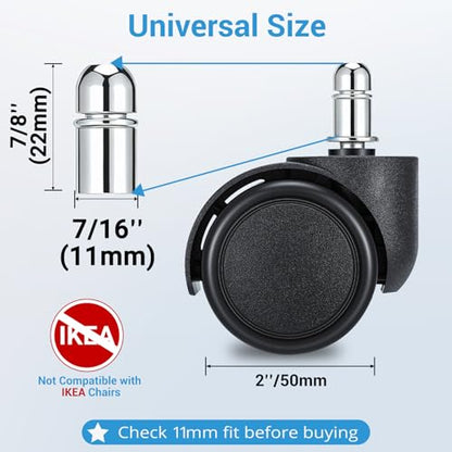 2" Office Chair Casters Wheels Heavy Duty, 5 pcs Chair Wheel Replacement | 11mm Stem Only, Won’t Work with 10mm Stems or IKEA Chairs, Silent Rubber Casters Safe for Hard Floors, Supports Up to 300 lbs