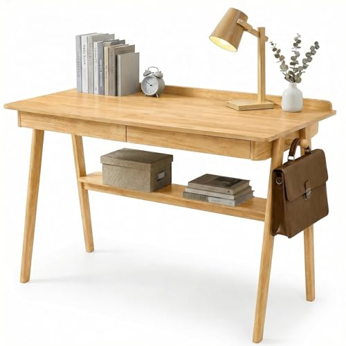 KEIKI Solid Wood Writing Desk with Drawers, 47" Computer Desk with Shelf for Home Office Work, Study, Natural - color: Natural W/Shelf