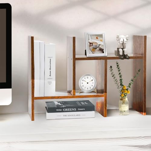 BROWN-BROWN Adjustable Wood Desk Shelf Organizer Office Home Multipurpose Desktop Shelf, Display Shelf Rack Top Mini Bookcase, Free Style Display Desktop Organization