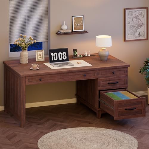 GarveeHome Executive Desk with Drawers, Farmhouse Home Office Desk with Charging Station, 53.54 in Wooden Computer Desk with File Cabinet Storage for Work Study Writing,Walunt Brown - color: Walunt Brown